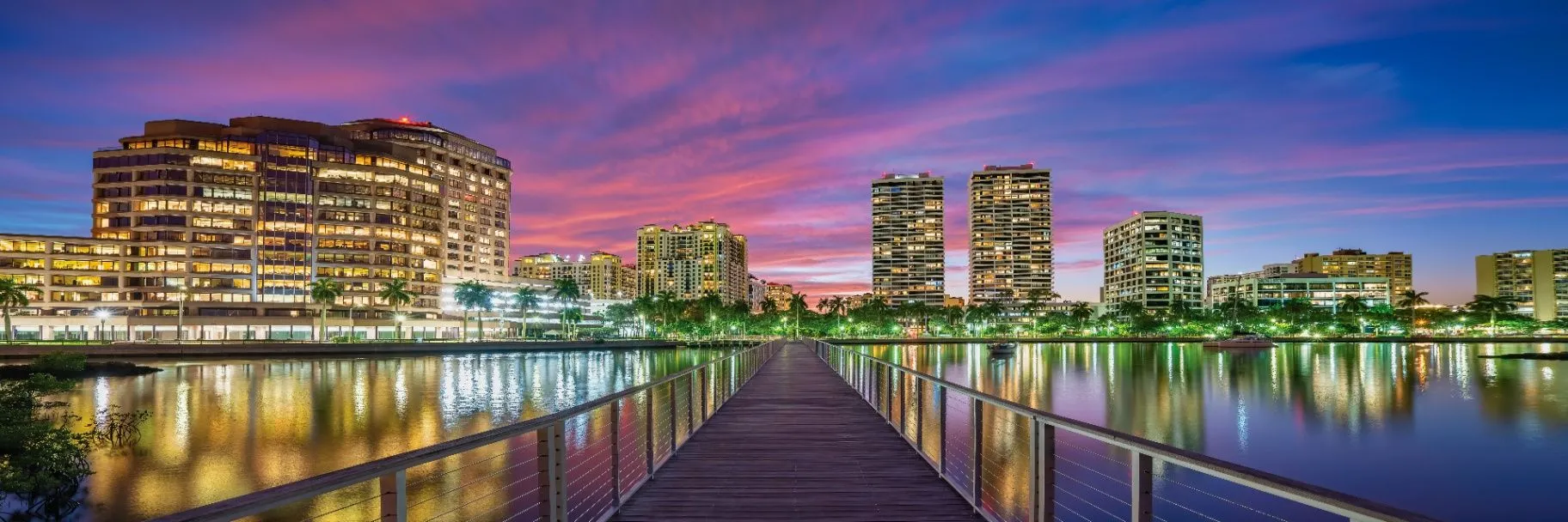 Waterfront skyline glowing at dusk in Palm Beach County